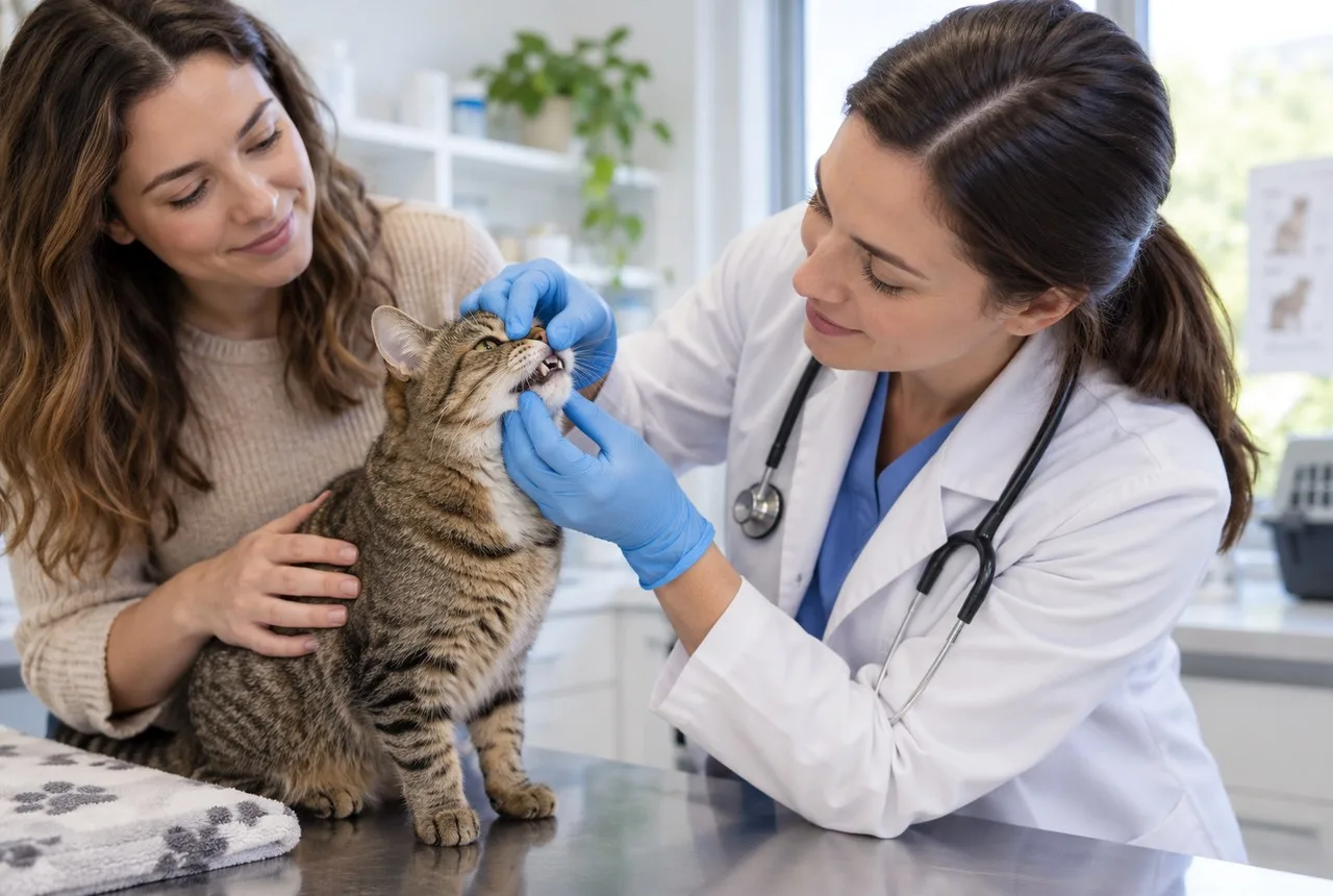 A veterinarian gently examining a tabby cat with its owner nearby